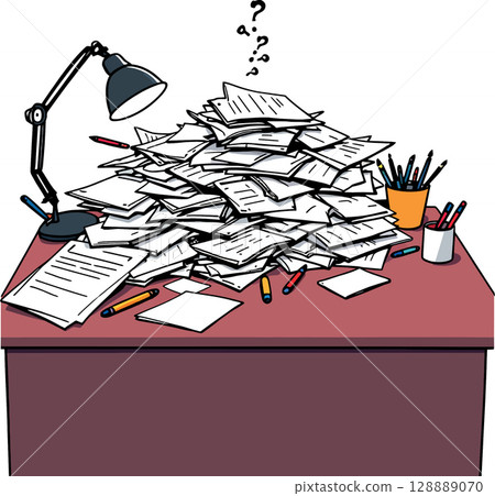 Vsai huge pile of paperwork creating confusion and stress on office desk Vsai huge pile of paperwork creating confusion and stress on office desk 128889070