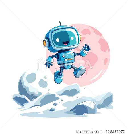 Vsai happy robot walking on alien planet with pink moon Vsai happy robot walking on alien planet with pink moon 128889072