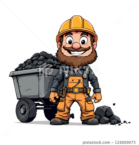 Vsai smiling coal miner standing next to mining cart full of coal Vsai smiling coal miner standing next to mining cart full of coal 128889073