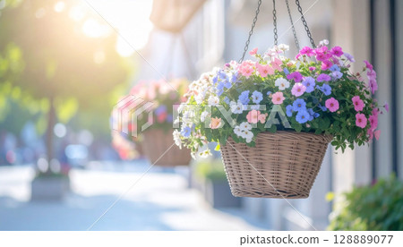 當陽光照耀大地時，掛滿五彩繽紛鮮花的花籃讓街道變得明亮起來。 128889077