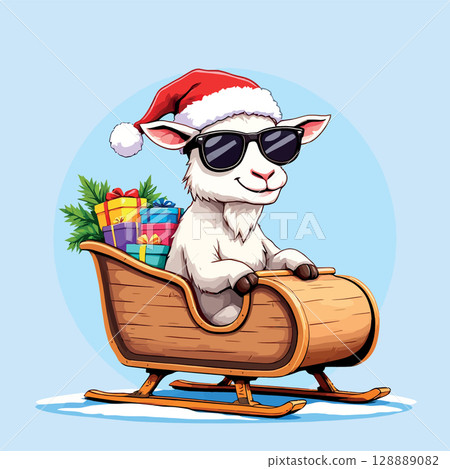 Vsai cool lamb wearing sunglasses and santa hat riding sleigh with christmas gifts 128889082