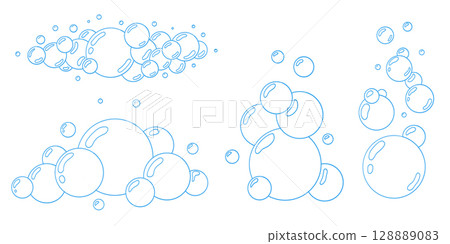 Cartoon water bubbles outline vector. Blue soap doodle style bubble illustrations. Fizzy soda foam effect. Minimalistic sparkle design element for cleaning, hygiene or bath concepts. 128889083
