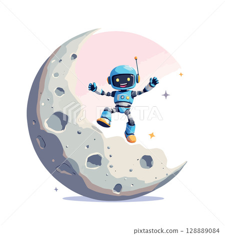 Vsai happy robot jumping and exploring the moon surface 128889084