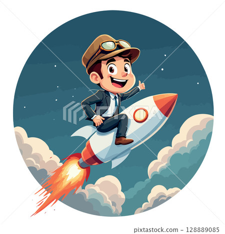 Vsai businessman riding a rocket through the sky 128889085