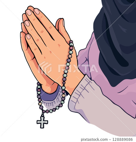 Vsai woman praying with rosary beads, finding solace and connection with god 128889086
