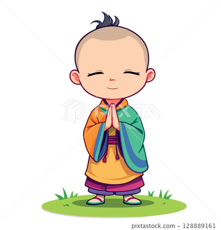 Vsai young buddhist monk praying with hands joined in traditional robe 128889161