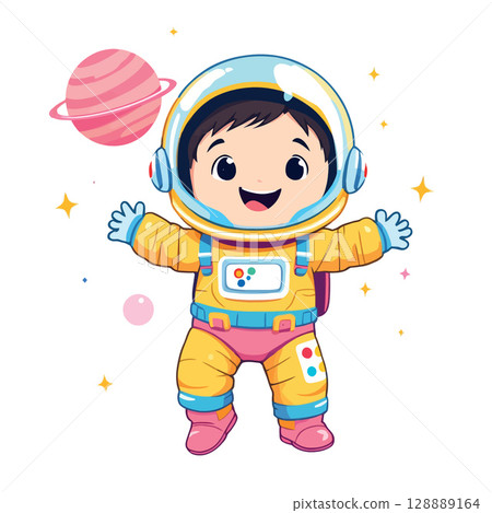 Vsai happy astronaut kid floating in space near planet 128889164