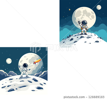 Vsai astronaut walking on moon surface with spaceship flying and waving astronaut on moon surface 128889183