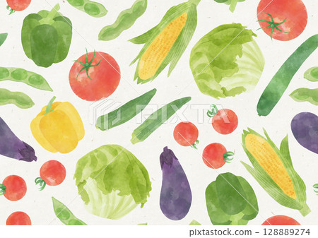 Watercolor summer vegetables seamless pattern with recycled paper background Watercolor summer vegetables seamless pattern with recycled paper background 128889274