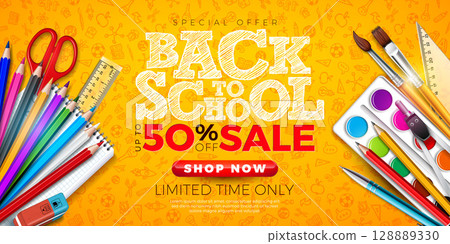 Back to School Sale Banner Design with Hand Drawn Typography Lettering, Colorful Pencil, Brush and School Items on Yellow Doodles Background. Vector Business Concept Illustration with Special Offer 128889330