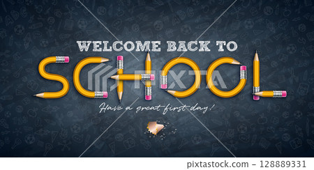 Welcome Back to School Typography Lettering of Graphite Pencil Design on Black Chalkboard Background. Vector Education, Learning and Knowledge Illustration with Hand Drawn Doodles for Greeting Card 128889331