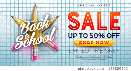 Back to School Sale Banner Design with Graphite Pencil and Typography Lettering on Checkered Notebook Hand Drawn Doodles Background. Vector Business Concept Illustration with Special Offer Text 128889332