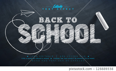 Back to School Editable Chalk Drawing Illustrator Text Effect Design Vector Graphic Style Effect with Customizable Hand Drawn Font on Black Chalkboard Background. Premium Typography Lettering 128889338