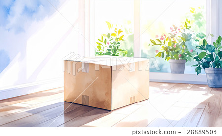 在柔和的午後陽光下,一個紙箱靜靜地放在窗邊的地板上。 在柔和的午後陽光下,一個紙箱靜靜地放在窗邊的地板上。 128889503