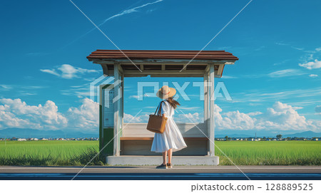 一位女士站在鄉下的公車站。 一位女士站在鄉下的公車站。 一幅懷舊的場景，喚起了人們對夏日的懷舊與寧靜。 128889525