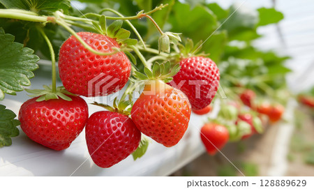 Fresh ripe strawberries growing on vines in sunlit greenhouse 128889629