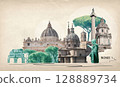 Rome famous landmarks collage. The modern art design from best views of Rome, Ital at Europe. 128889734