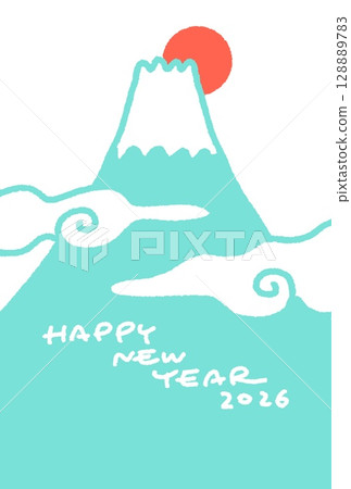 Simple and cute hand-drawn New Year's card template of Mt. Fuji and first sunrise 2026 Simple and cute hand-drawn New Year's card template of Mt. Fuji and first sunrise 2026 128889783