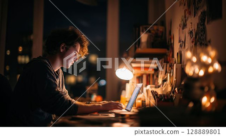 晚上在家兼職的年輕人 128889801