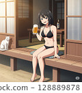 A woman in a swimsuit drinking beer on a Japanese-style veranda 128889878