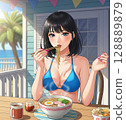 A woman in a swimsuit eating ramen at a cafe with an ocean view 128889879