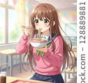 Cute school girl eating ramen in a school classroom 128889881