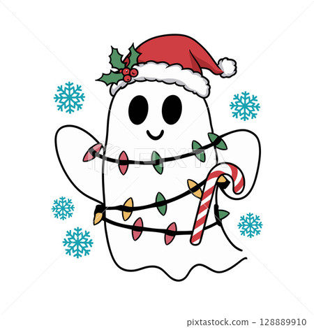 Cartoon Christmas Ghost with Santa Hat and Candy Cane Cartoon Christmas Ghost with Santa Hat and Candy Cane 128889910