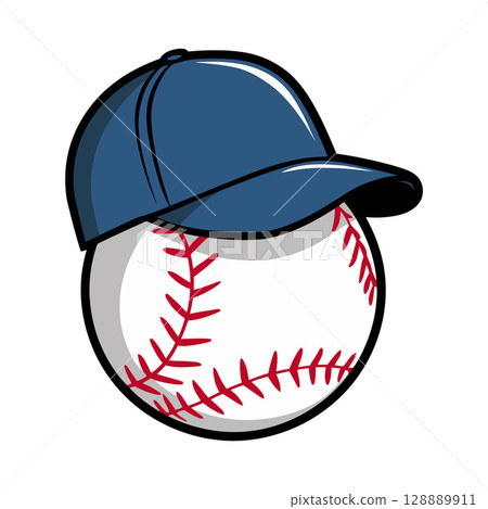 Cartoon Baseball with Blue Cap and Red Stitching Cartoon Baseball with Blue Cap and Red Stitching 128889911