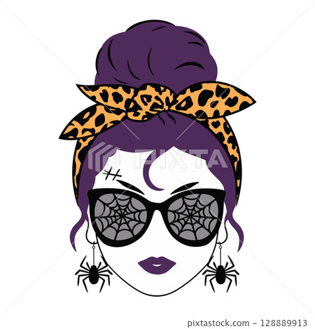 Stylized Portrait of Person with Purple Hair, Leopard Headband, and Spider Earrings Stylized Portrait of Person with Purple Hair, Leopard Headband, and Spider Earrings 128889913