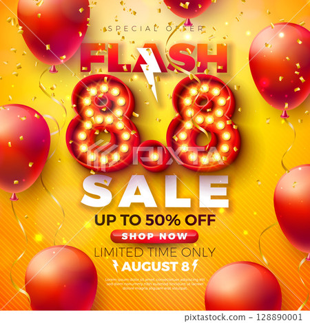 Flash Sale Shopping Day Design with 3d 8.8 Light Bulb Billboard Number and Party Balloon on Sun Yellow Background. Vector 8 August Special Offer Illustration for Coupon, Voucher, Banner, Flyer Flash Sale Shopping Day Design with 3d 8.8 Light Bulb Billboard Number and Party Balloon on Sun Yellow Background. Vector 8 August Special Offer Illustration for Coupon, Voucher, Banner, Flyer 128890001