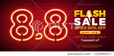 Shopping Day Flash Sale Banner Design with 8.8 Glowing Neon Light Number and Typography Lettering on Vintage Brick Wall Background. Vector 8 August Special Offer Design for Promotional Coupon, Voucher 128890023