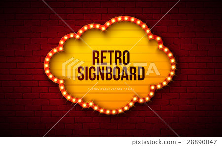 Retro Signboard Lightbox Banner Design with Glowing Light Bulb Frame Billboard on Vintage Brick Wall Background. Vector Customizable Cloud Shape Marquee Sign Illustration for Casino Advertising Retro Signboard Lightbox Banner Design with Glowing Light Bulb Frame Billboard on Vintage Brick Wall Background. Vector Customizable Cloud Shape Marquee Sign Illustration for Casino Advertising 128890047