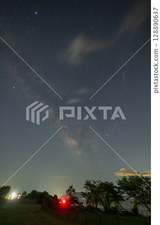 Beautiful starry sky over Kashira Island in Bizen City, Okayama Prefecture, Japan Beautiful starry sky over Kashira Island in Bizen City, Okayama Prefecture, Japan 128890637