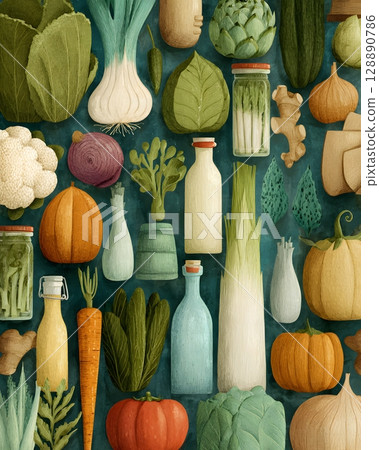 Homegrown food illustration with soft textures 128890786