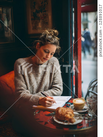 Young woman journaling at cozy cafe 128891017