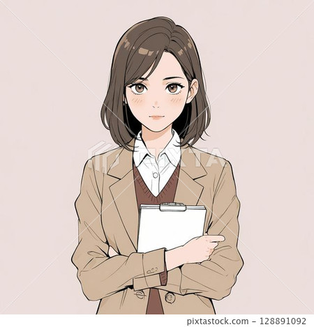 一位手持活頁夾的年輕女記者表情嚴肅地站著（白色背景） 128891092