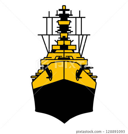 Front View of Stylized Battleship Illustration with Yellow and Black Color Scheme 128891093
