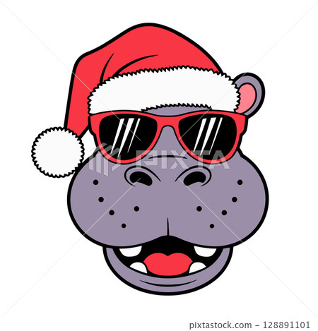 Cartoon Hippopotamus Wearing Santa Hat and Sunglasses 128891101