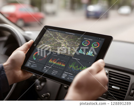 Smart mobility dashboard on tablet with transport map 128891289