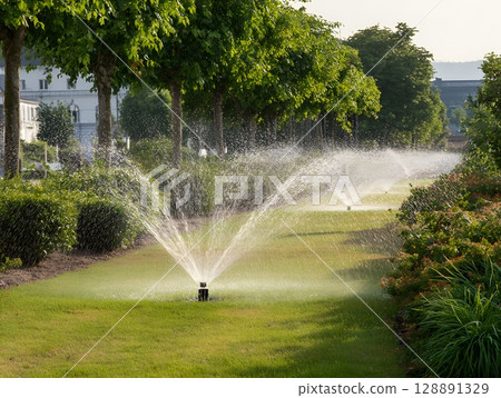 Smart irrigation system in public green space 128891329