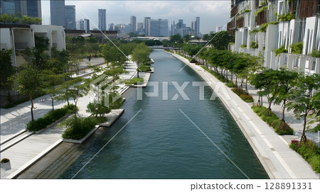 City canal integrated with green flood control 128891331