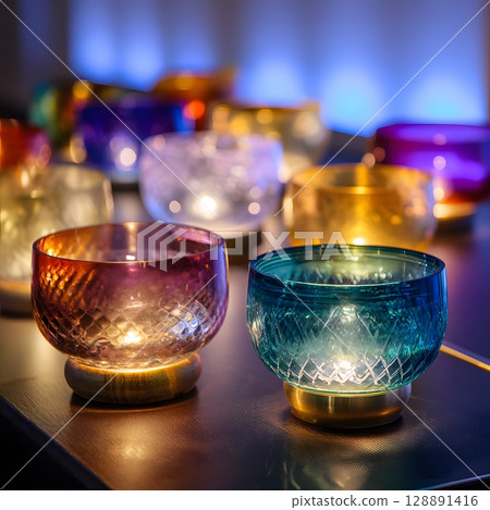 Crystal sound bowl therapy under soft lighting 128891416