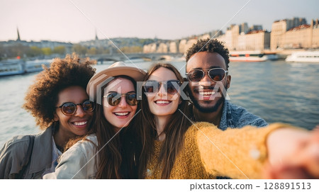 Friends taking a group selfie in front of famous city landmark 128891513