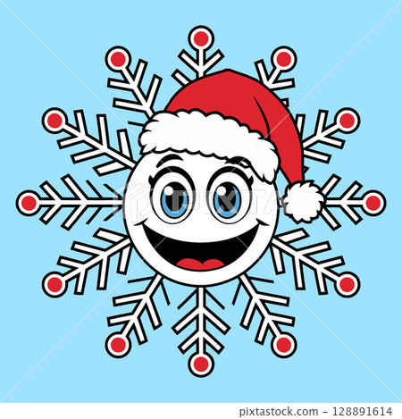 Cartoon Snowflake with Santa Hat and Smiling Face Cartoon Snowflake with Santa Hat and Smiling Face 128891614