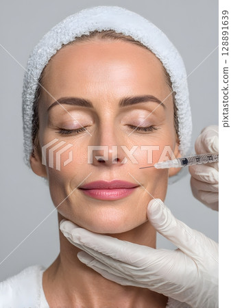 Calm woman with headband receiving facial injection 128891639