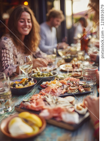 Friends eating tapas at small bistro 128891679