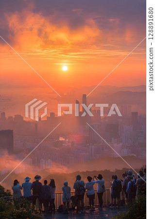 Tourists watching sunrise from city hilltop 128891680