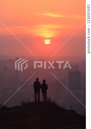 Tourists watching sunrise from city hilltop Tourists watching sunrise from city hilltop 128891681