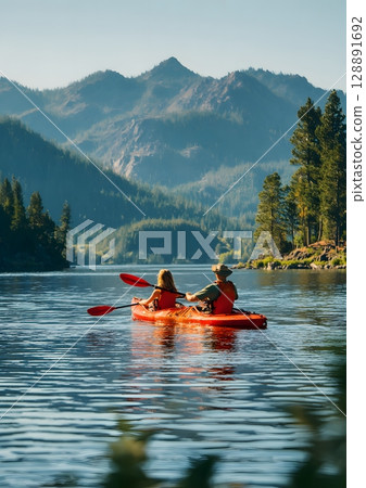 Couple paddling kayak together on calm lake 128891692