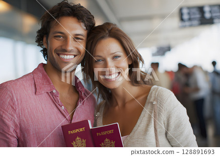 Couple smiling with passports at airport departure gate 128891693